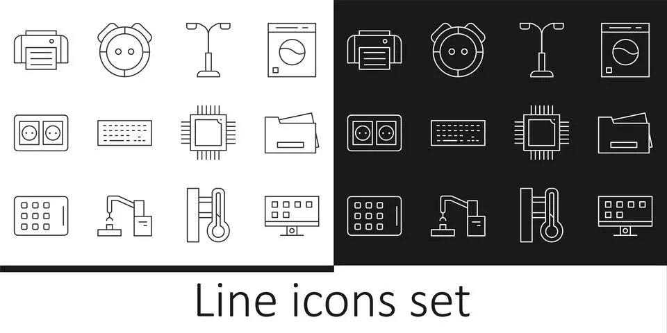 Set line Smart Tv, Printer, Street light, Keyboard, Electrical outlet, Processor Illustrazione stock