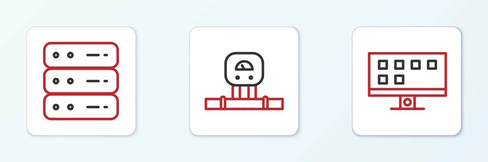 Set line Smart Tv, Server, Data, Web Hosting and sensor icon. Vector Stock Illustration