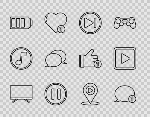 Set line Smart Tv, Speech bubble chat, Fast forward, Pause button, Battery Stock Illustration