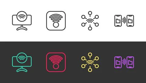 Set line Smart Tv system, Wi-Fi wireless internet, Network and Data transfer and Stock Illustration