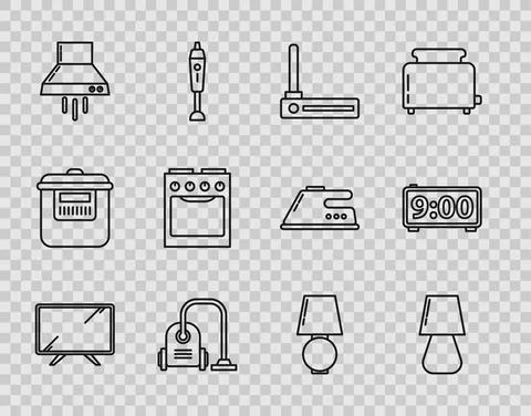 Set line Smart Tv, Table lamp, Router and wi-fi signal, Vacuum cleaner, Kitchen Stock Illustration