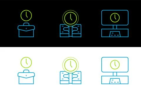 Set line Smart Tv time, Work and Time is money icon. Vector Illustrazione stock