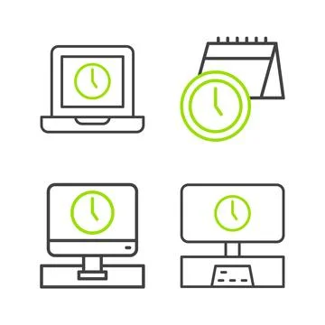 Set line Smart Tv time, Monitor, Calendar and clock and Laptop icon. Vector Stock Illustration