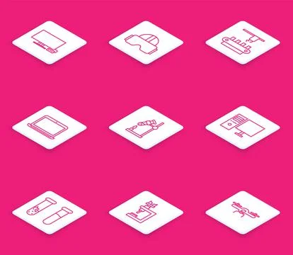 Set line Smart Tv, Virtual reality glasses, Factory conveyor system belt, Laptop Illustrazione stock