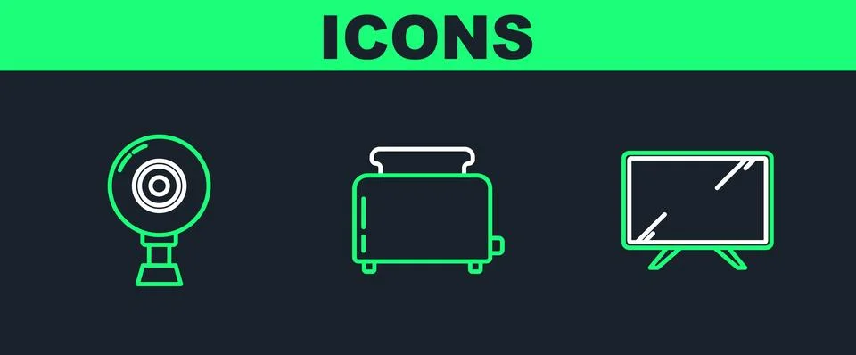 Set line Smart Tv, Web camera and Toaster with toasts icon. Vector Stock Illustration