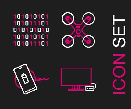 Set line Smart Tv, Wireless charger, Drone flying and Binary code icon. Vecto Stock Illustration