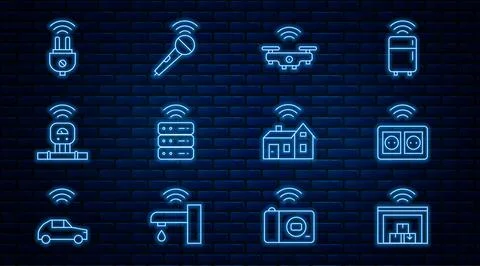 Set line Smart warehouse, electrical outlet, drone, server, sensor, plug, home Stock Illustration