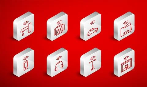 Set line Smart warehouse, printer, car system with wireless, street light, water Illustrazione stock