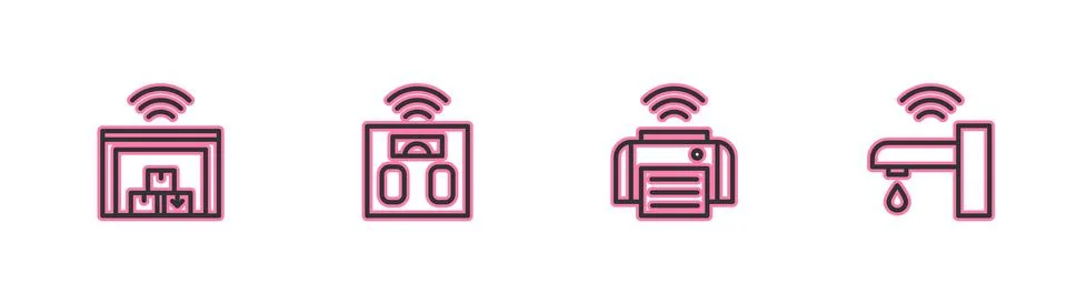 Set line Smart warehouse, printer, bathroom scales and water tap icon. Vector Stock Illustration