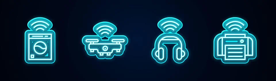 Set line Smart washer, drone, headphones and printer. Glowing neon icon. Vector Stock Illustration