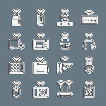 Set line Smart washer, electric plug, headphones, sensor, microwave oven, t.. Illustrazione stock