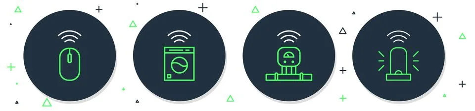 Set line Smart washer, sensor, Wireless mouse and flasher siren icon. Vector Stock Illustration