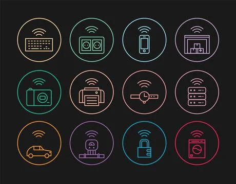 Set line Smart washer, server, Wireless smartphone, printer, photo camera, ke 스톡 일러스트