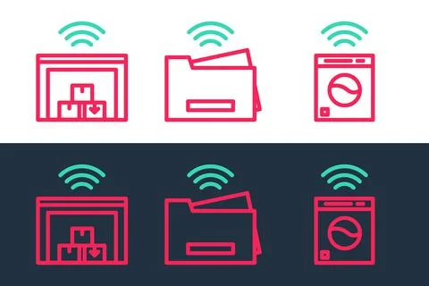 Set line Smart washer, warehouse and printer icon. Vector Stock Illustration
