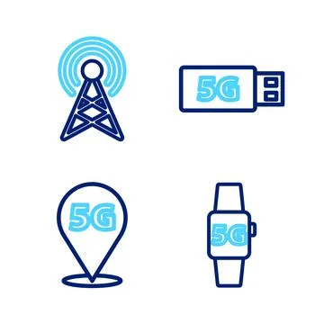 Set line Smart watch 5G network, Location, modem and Antenna icon. Vector Stock Illustration
