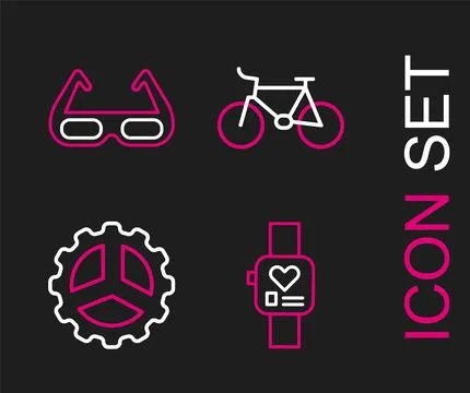 Set line Smart watch, Bicycle sprocket crank,  and Sport cycling sunglasses.. Stock Illustration