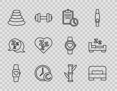 Set line Smart watch, Big bed, Sport training program, Time to sleep, Stack hot Illustrazione stock