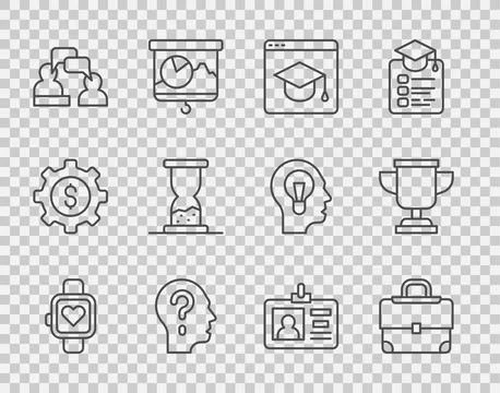 Set line Smart watch, Briefcase, Online education, Head with question mark, Two Stock-Illustration