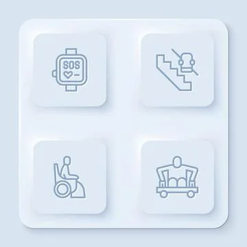 Set line Smart watch, Disabled elevator, Woman in wheelchair and Man withou.. Stock Illustration