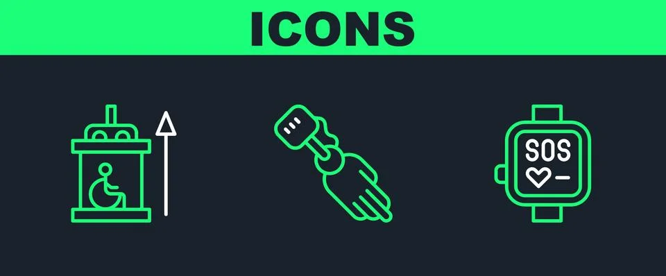 Set line Smart watch, Elevator for disabled and Prosthesis hand icon. Vector 스톡 일러스트