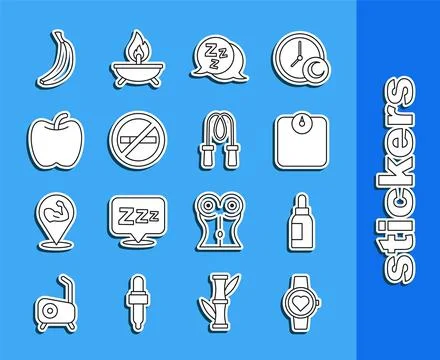 Set line Smart watch, Essential oil bottle, Bathroom scales, Sleepy, No Smo.. Stock Illustration