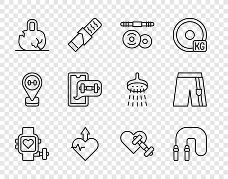 Set line Smart watch with heart, Jump rope, Barbell, Heartbeat increase, Brok Stock-Illustration