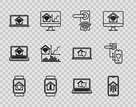 Set line Smart watch with house under protection, Mobile phone smart home, .. Stock Illustration