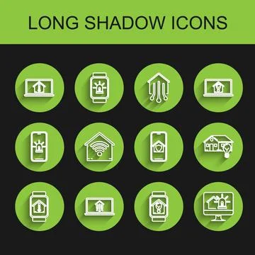 Set line Smart watch with house temperature, Laptop smart home, and light b.. Illustrazione stock