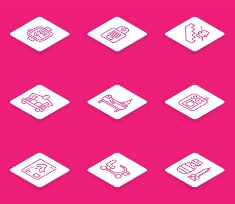 Set line Smart watch, Intercom, Disabled elevator, Man without legs sitting Illustrazione stock