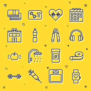 Set line Smart watch, Tape measure, Headphones, Heart rate, Bottle of water.. Stock Illustration
