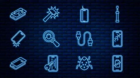 Set line Smartphone battery charge, Mobile with broken screen, Glass protec.. Stock Illustration