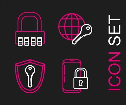 Set line Smartphone with closed padlock, Shield key, Globe and Safe combina.. 库存插图