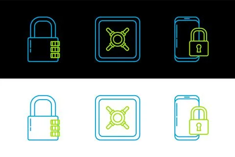 Set line Smartphone with closed padlock, Safe combination and  icon. Vector Stock Illustration