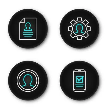 Set line Smartphone, Create account screen, Human with gear and Resume icon.. Stock Illustration