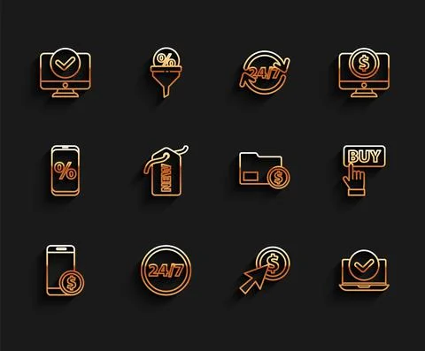 Set line Smartphone with dollar, Clock 24 hours, Computer monitor, Cursor and Illustrazione stock