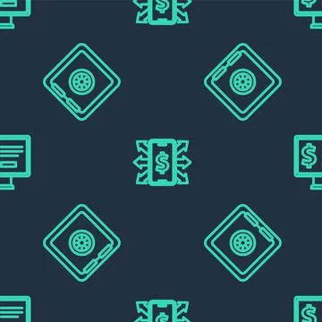 Set line Smartphone with dollar, Safe and Monitor on seamless pattern. Vector 스톡 일러스트