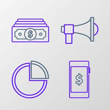 Set line Smartphone with dollar symbol, Pie chart infographic, Megaphone and Illustrazione stock