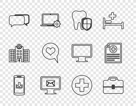 Set line Smartphone with download, Toolbox, Dental protection, Monitor and Stock Illustration