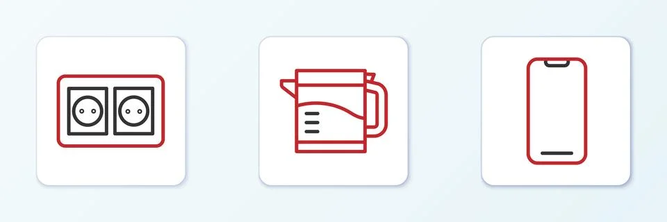 Set line Smartphone, Electrical outlet and kettle icon. Vector Stock Illustration