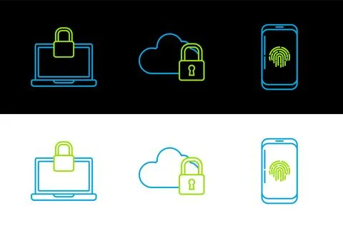 Set line Smartphone with fingerprint scanner, Laptop and lock and Cloud com.. Stock Illustration