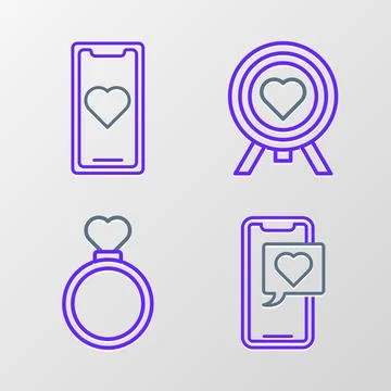Set line Smartphone with heart speech bubble, Wedding rings, Heart the cent.. Stock Illustration