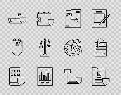 Set line Smartphone insurance, Document with shield, Ordered envelope, grap.. Stock Illustration