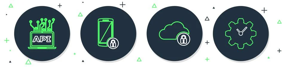 Set line Smartphone with lock, Cloud computing, Computer api interface and Ti Stock Illustration