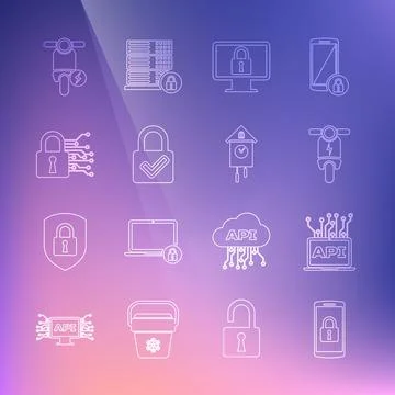 Set line Smartphone with lock, Computer api interface, Electric scooter, Lock イラスト素材
