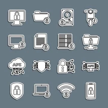 Set line Smartphone with lock, Computer api interface, FTP folder and, Hard disk Stock Illustration