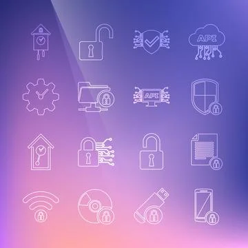 Set line Smartphone with lock, Document and, Shield security, Cyber, FTP folder Stock Illustration