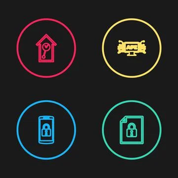 Set line Smartphone with lock, Document and, Computer api interface and Retro Illustrazione stock