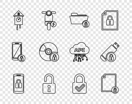 Set line Smartphone with lock, Document and, Folder, Open padlock, Retro wall Stock Illustration