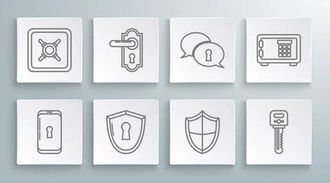 Set line Smartphone with lock, Door handle, Shield keyhole, Key, Protection o Illustration