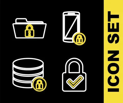 Set line Smartphone with lock, Lock and check mark, Server security and Folder Stock Illustration